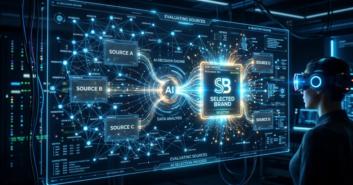 AI selecting trusted sources based on relevance and authority signals