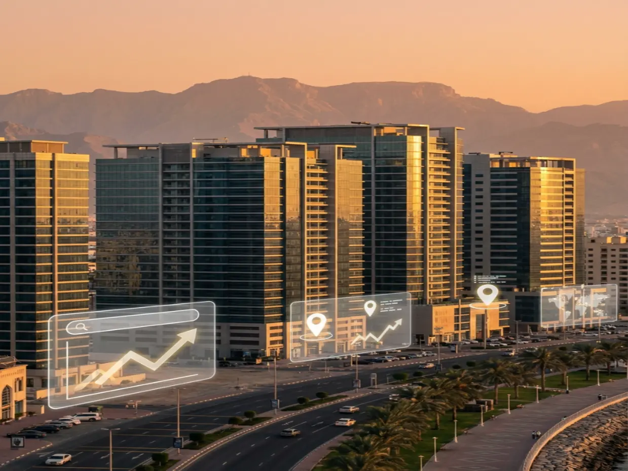 SEO Services Ras Al Khaimah with skyline and digital growth overlay