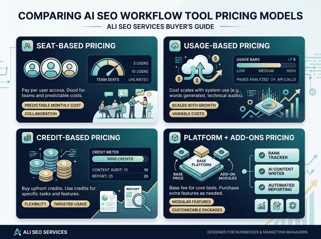 SEO workflow tools diagram connecting keyword research, content publishing, technical monitoring and ROI reporting for UAE businesses