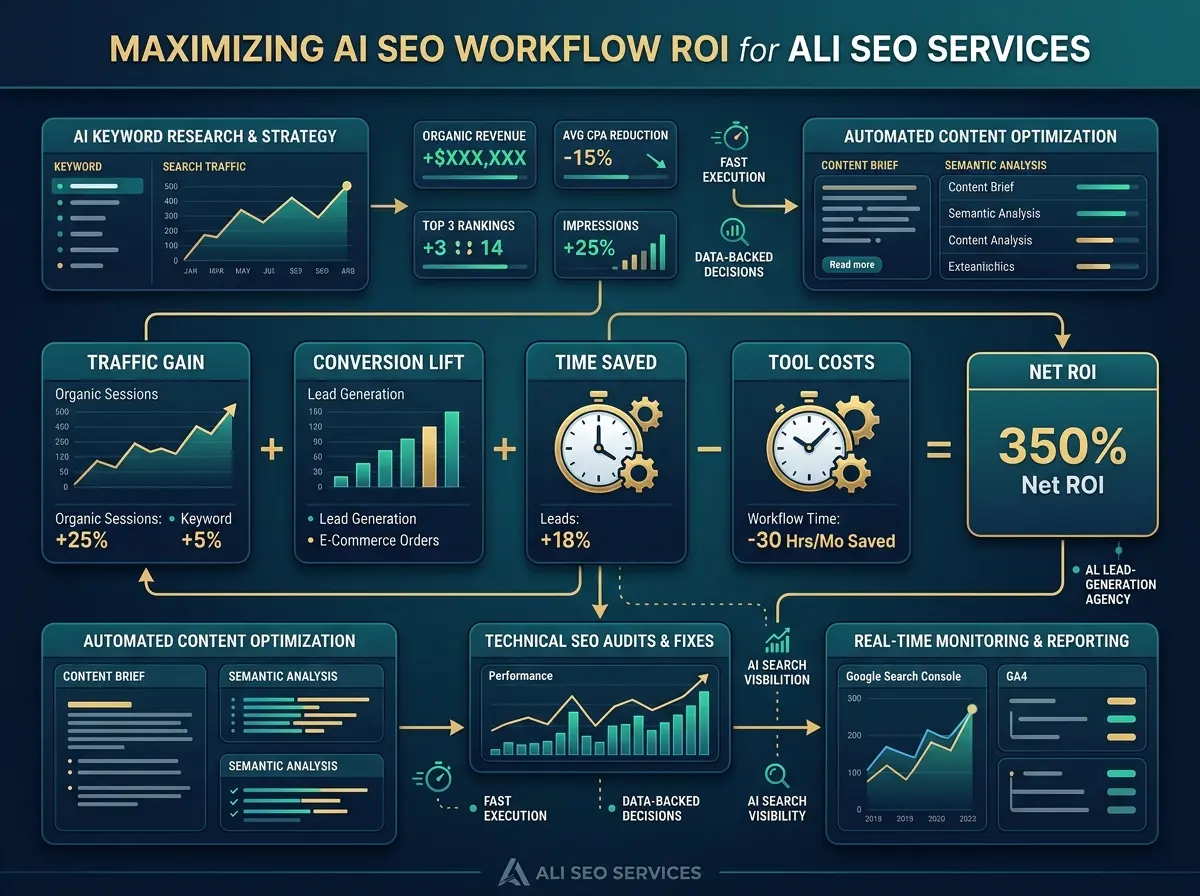 AI SEO workflow system diagram showing research, content production, technical monitoring, and lead reporting stages for UAE businesses