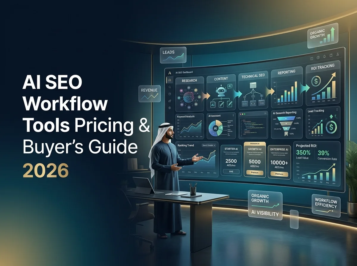 AI SEO workflow tools pricing and ROI buyer's guide dashboard for UAE businesses 2026