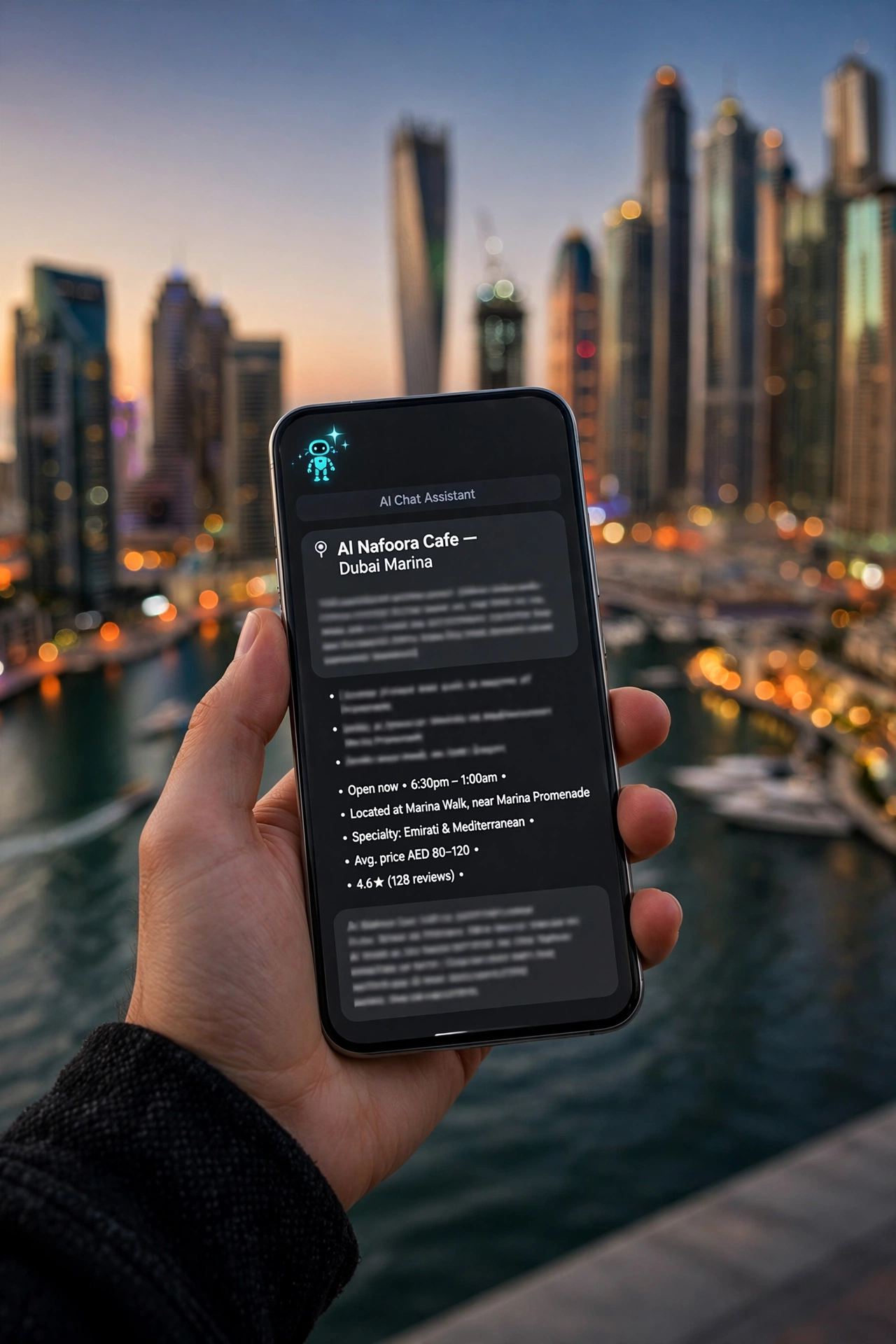 AI chat assistant answering a brand query about a Dubai Marina business on a smartphone