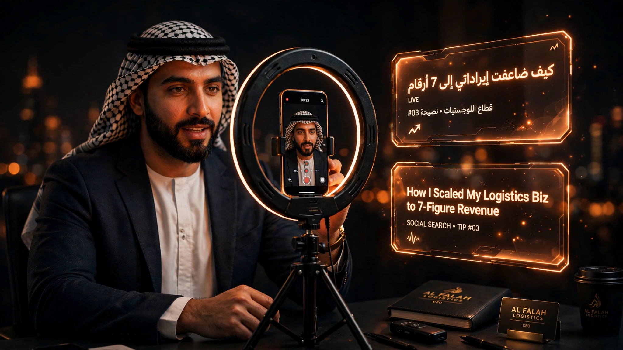 Dubai brand creating Arabic social search content — owner filming a short video with Arabic and English captions for TikTok and Instagram search