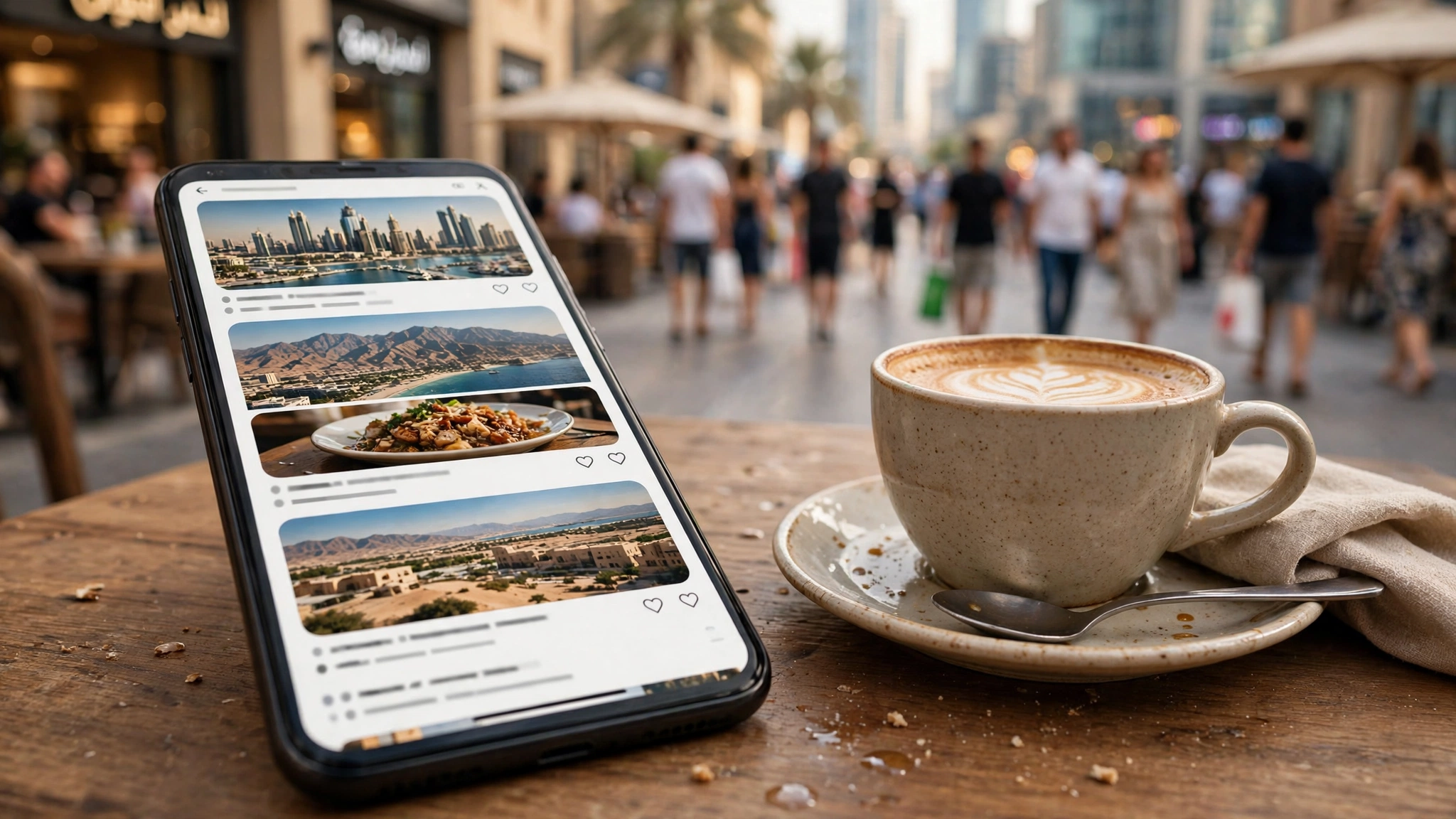 Person in Dubai browsing a personalised Google Discover feed on a smartphone in a cafe