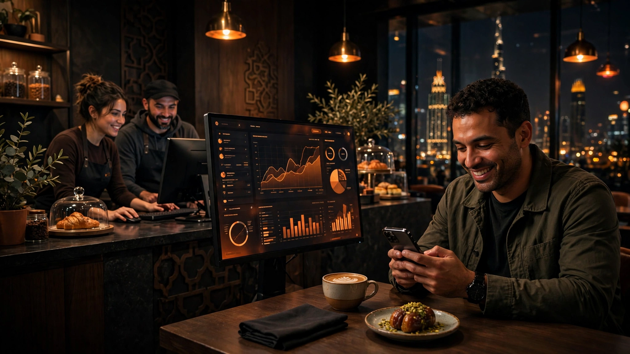 Dubai business earning Arabic Google reviews — customer leaving a detailed review while the owner responds, supporting AI recommendations