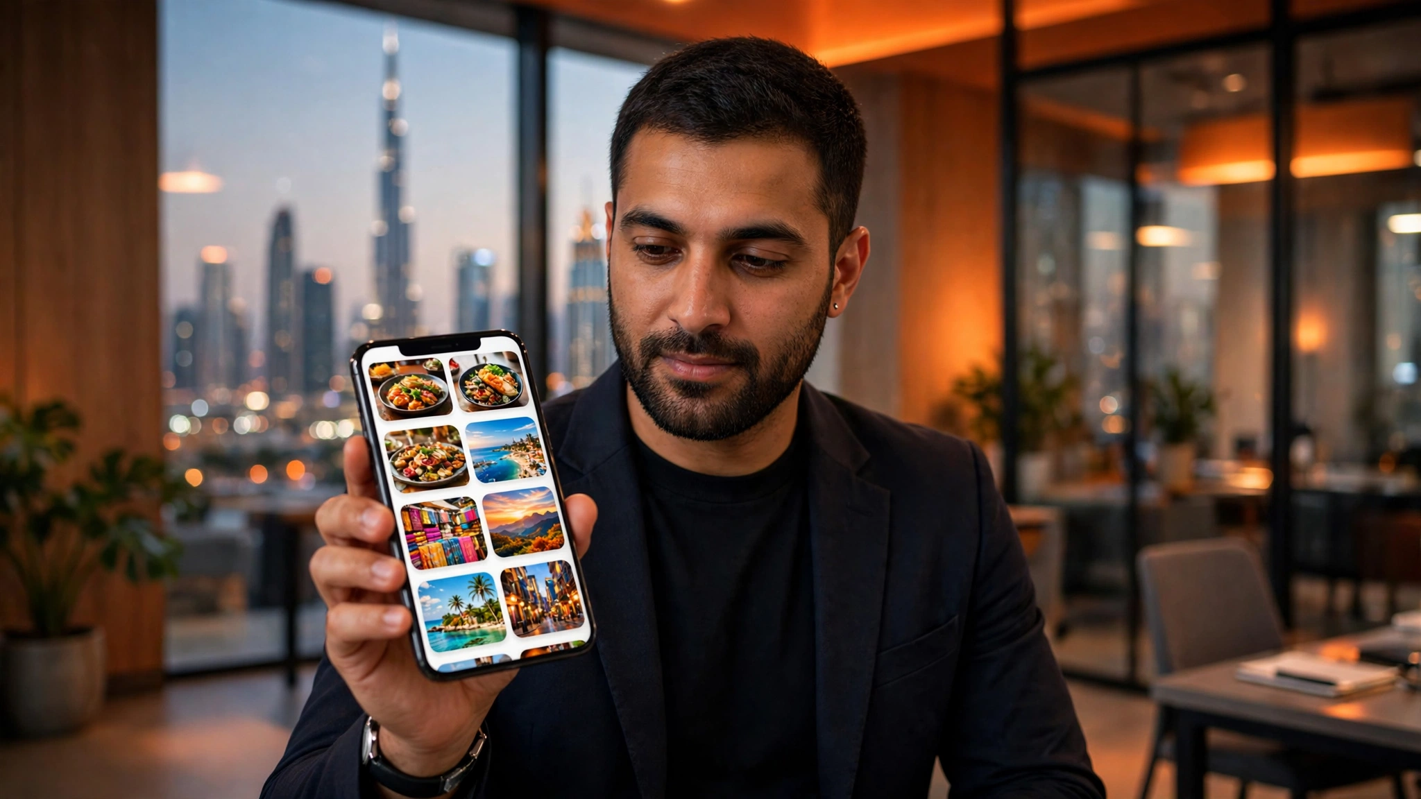 Dubai professional viewing a Google Discover feed with large article cards on a smartphone