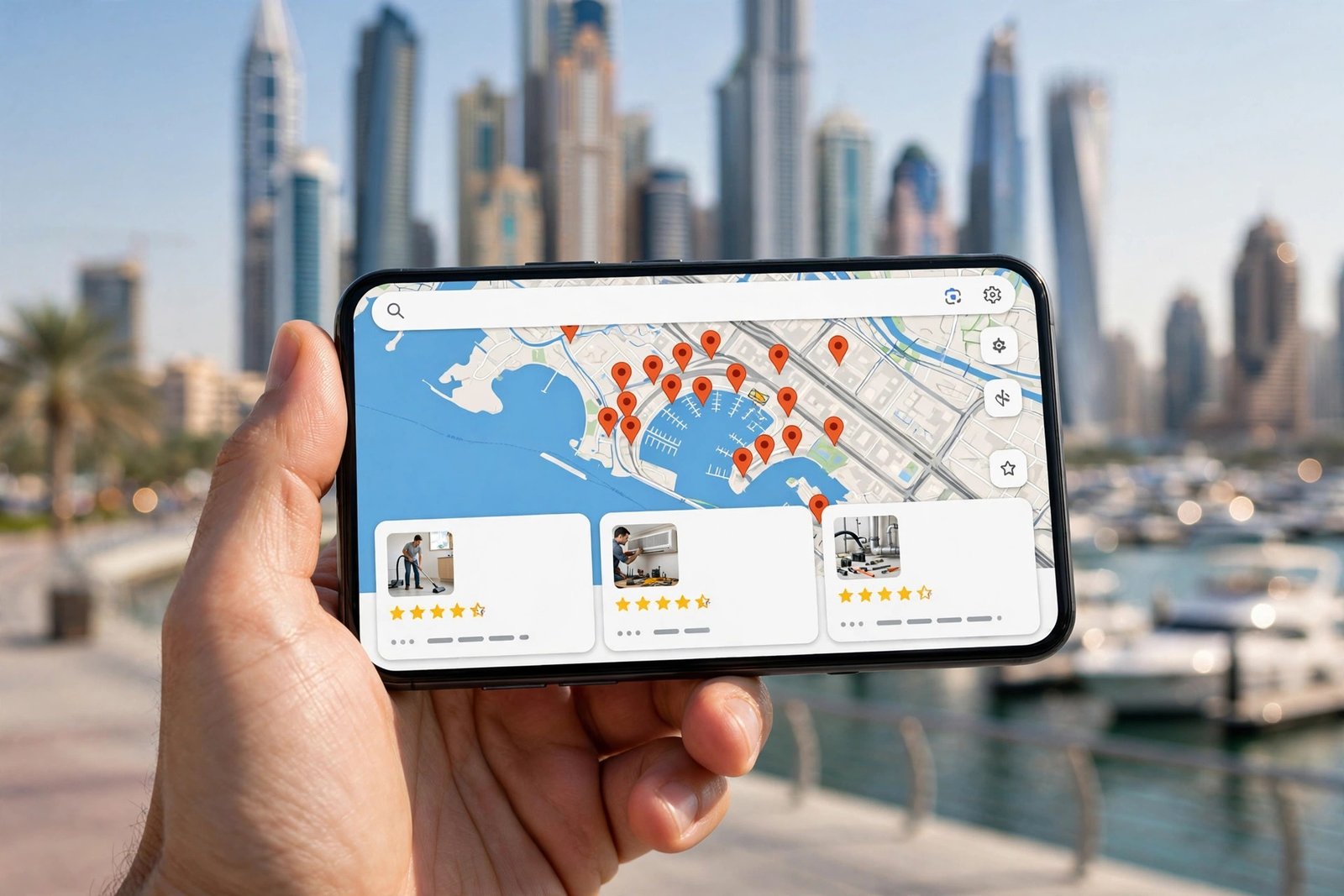 Google Maps results for home services in Dubai on a mobile phone