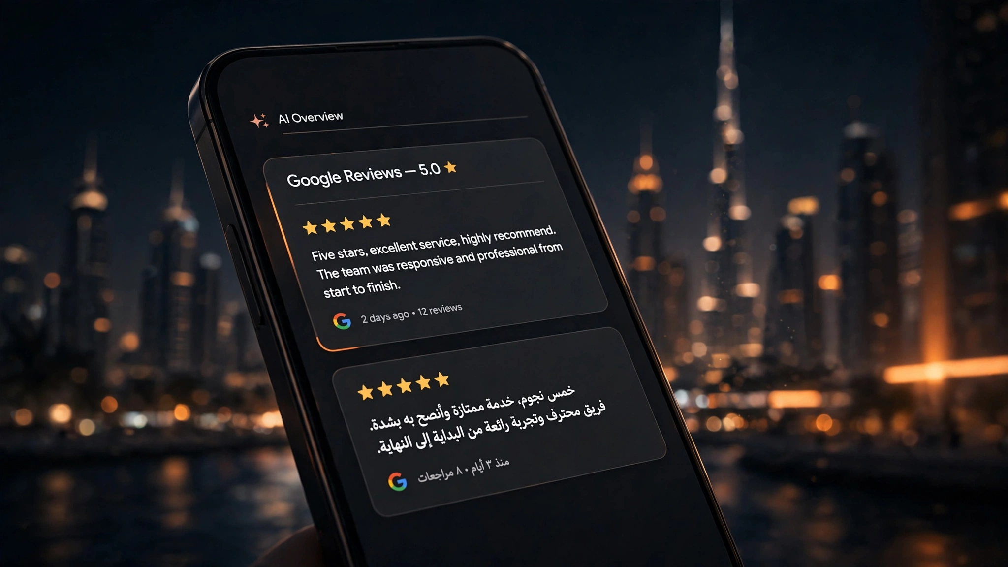 How AI engines quote Google reviews in Dubai — customer review text in English and Arabic feeding an AI recommendation answer