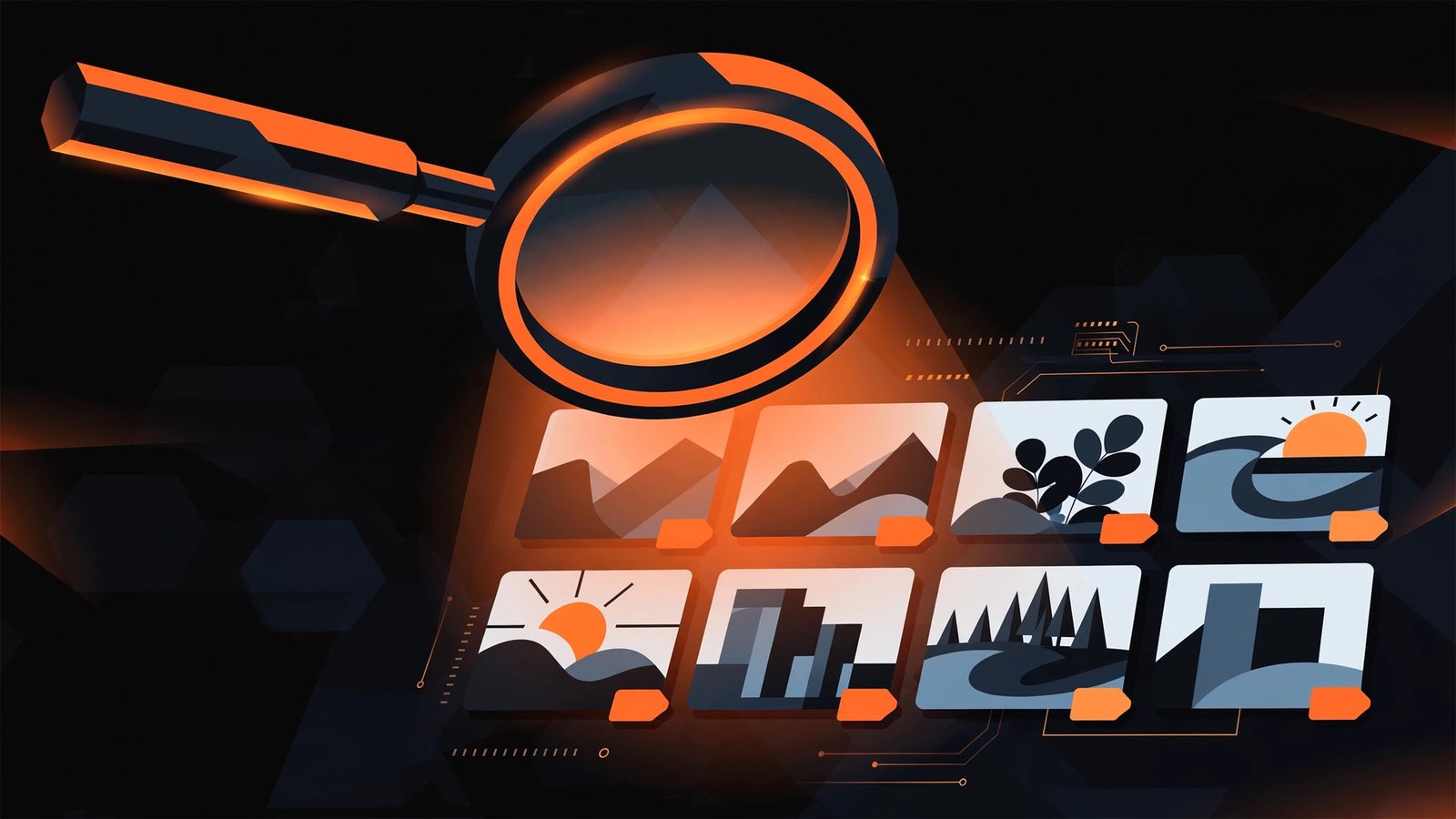 Image SEO techniques &mdash; magnifier examining optimized images illustration