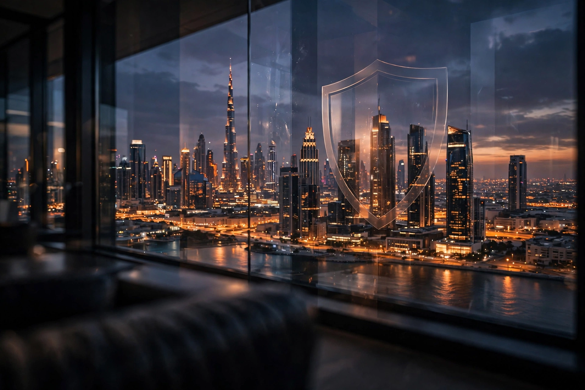 Dubai skyline at dusk seen through an office window - SEO for insurance companies in Dubai