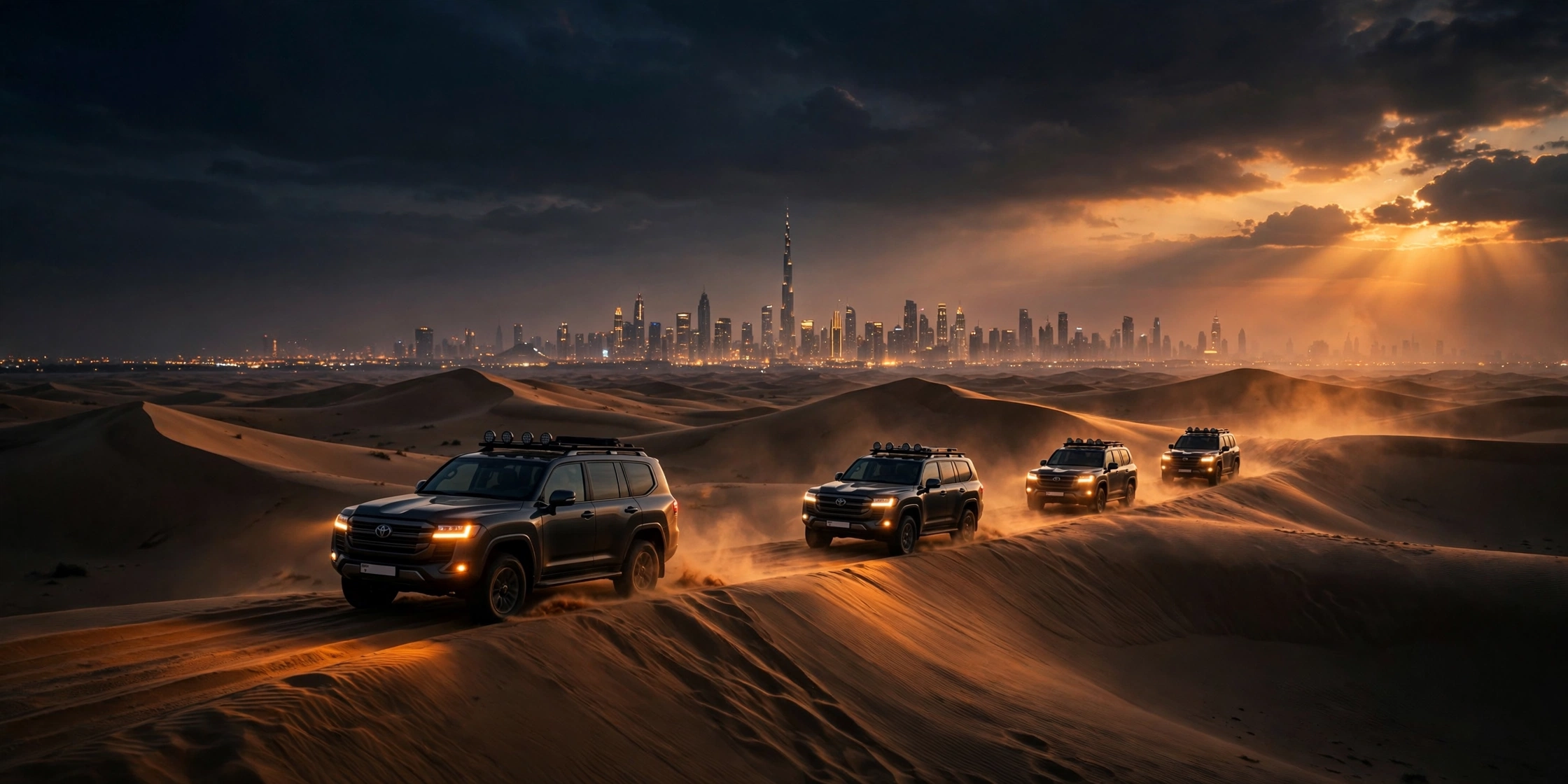 Desert safari convoy crossing Dubai dunes at dusk