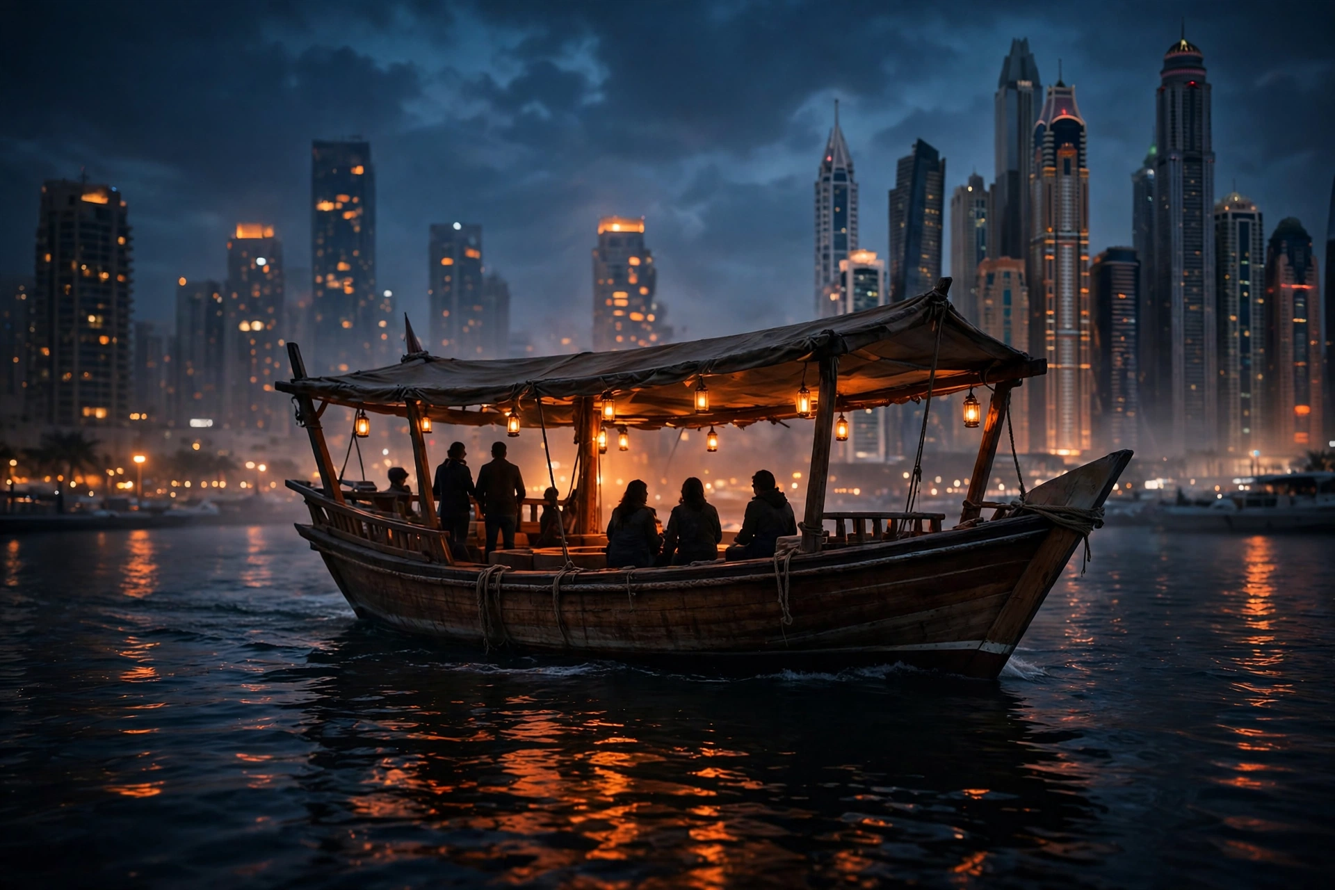 Dhow cruise boat on Dubai Creek at sunset with the city skyline behind