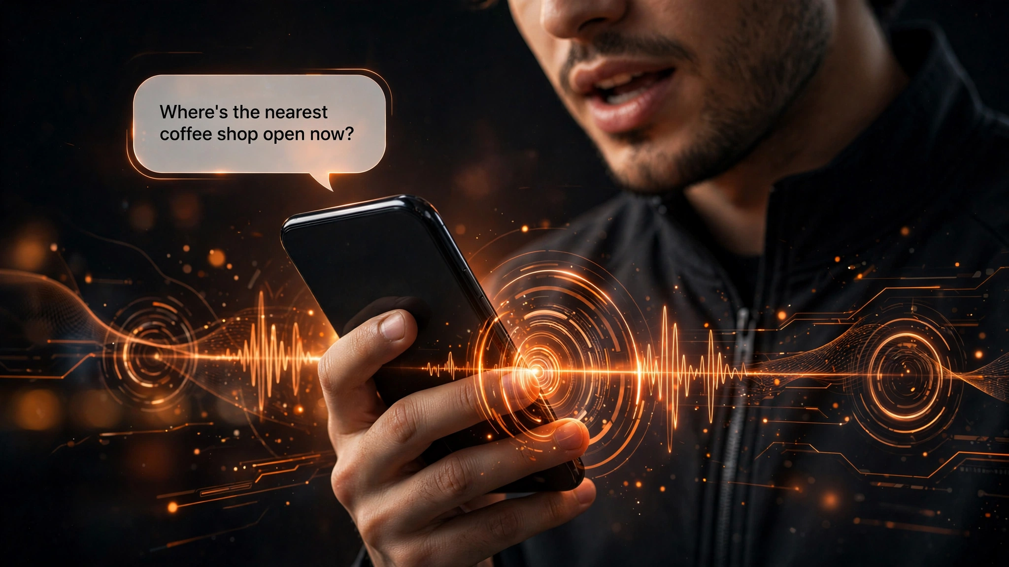 Dubai customer asking a conversational Arabic voice search query on a smartphone — where is the nearest business open now