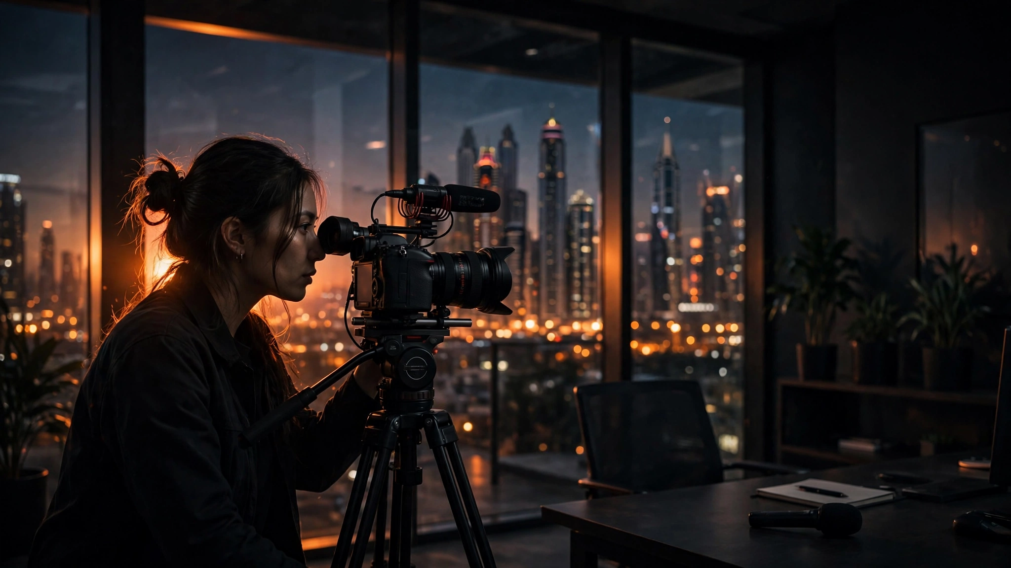 Dubai business filming an SEO-optimized YouTube video for AI search visibility — creator with camera, Dubai skyline
